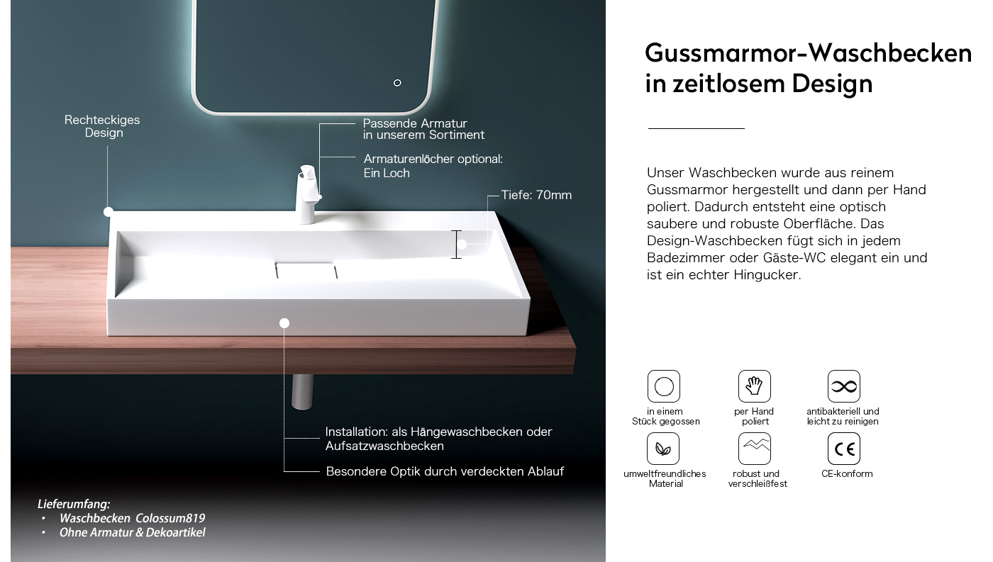 Waschbecken 70 cm x 46 cm weiß rechteckig Waschtisch Waschplatz 1